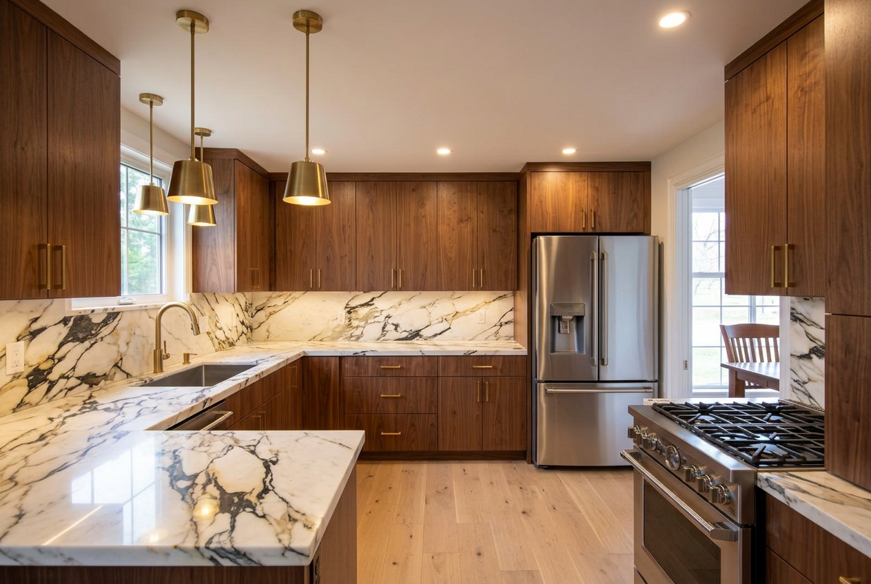 Kitchen after an IndoorSpaces luxury walnut redesign